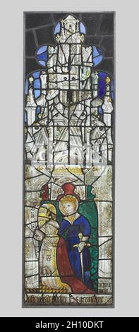 Sainte Catherine avec un donneur mâle agenouillé, années 1400. La France, le Poitou, Melle, 15e siècle. Pot métal, verre blanc avec tache argentée ; total : 158,7 x 49,2 cm (62 1/2 x 19 3/8 in.). Banque D'Images