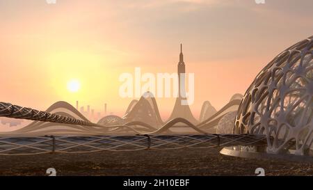 La 3D a rendu l'horizon futuriste de la ville au coucher du soleil avec des structures métalliques pour les arrière-plans de la science-fiction. Banque D'Images