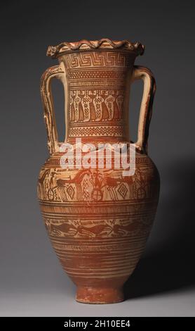 Amphora à col géométrique (navire de stockage): Prothèse (mise en place de cadavres), mouneurs, Chariots, c.720-700 C.-B.Attribué à l'atelier d'Athènes 894 (grec, Attique, feu géométrique).Céramique; hors tout: 60 cm (23 5/8 po). Banque D'Images