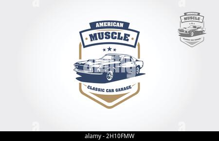 American muscle Classic car garage logo Design.Ce logo peut être utilisé pour un garage de voiture classique ou de style ancien, des magasins, des réparations, des restaurations. Illustration de Vecteur