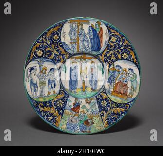 Plaque représentant la passion du Christ, c.1510. Attribué à l'artiste-peintre de la procession royale (italien).Faïence émaillée (maiolica); diamètre: 29.2 cm (11 1/2 in.). Banque D'Images
