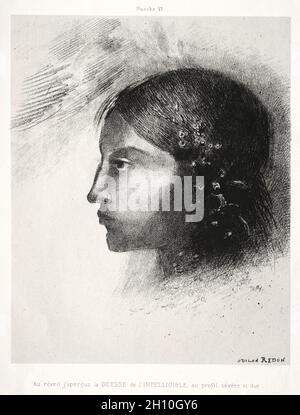 Hommage à Goya : au réveil, j'ai vu la Déesse de l'intelligible avec son profil sévère et dur, 1885.Odilon Redon (français, 1840-1916), imprimé par Lemercier & Cie.Lithographie sur du papier de Chine posé sur du papier vélin; image : 27 x 21.6 cm (10 5/8 x 8 1/2 po). Banque D'Images