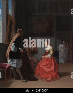 Une société musicale, ch. 1668. Jacob Ochtervelt (Néerlandais, 1634-1682). Huile sur toile encadrée 73 x : ; 64,5 x 5,5 cm (28 3/4 x 25 3/8 x 2 3/16 in.) ; non encadrée : 58,5 x 48,9 cm (23 1/16 x 19 1/4 in.). Banque D'Images