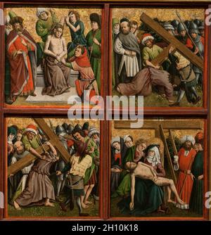 Retable avec la Passion du Christ), ch. 1440s. Maître du retable Schlägl (allemand). Le pétrole et l'or sur bois ; pans : 88,9 x 157,5 x 8,3 cm (35 x 62 x 3 1/4 in.) ; non encadrée : 74,3 x 69,8 cm (29 1/4 x 27 1/2 in.) ; partie 1 : 84,9 x 81,4 x 8,3 cm (33 1/16 x 32 7/16 x 3 1/4 in.) ; partie 2 : 84,6 x 152,2 x 8,3 cm (33 5/16 x 59 15/16 x 3 1/4 in.) ; partie 3 : 84,6 x 78,7 x 8,3 cm (33 x 31 5/16 x 3 1/4 in.) ; panneau : 36,2 x 35 cm (14 1/4 x 13 3/4 in.). Banque D'Images