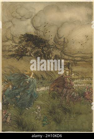 "Et maintenant, ils ne se rencontrent jamais en bosquet ou en vert", de l'acte 2, scène 1 du rêve D'Une nuit d'été de William Shakespeare, 1908.Arthur Rackham (britannique, 1867-1939).Stylo et encre noire et aquarelle avec raclage et petites touches de gouache blanc; feuille: 38.6 x 27 cm (15 3/16 x 10 5/8 po). Banque D'Images