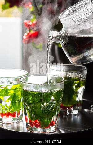 Une boisson chaude saine avec de la menthe et du viburnum, versant de l'eau chaude de la théière en verre dans des verres, thé à la menthe Banque D'Images