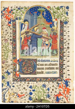 Feuille d'un livre d'heures : le Christ portant la croix (Sexte, heures de la croix), ch. 1410-1420. France, Bretagne( ?), 15e siècle. Encre, tempera et or sur parchemin ; chaque feuille : 17,2 x 12,1 cm (6 3/4 x 4 3/4 in.). Banque D'Images