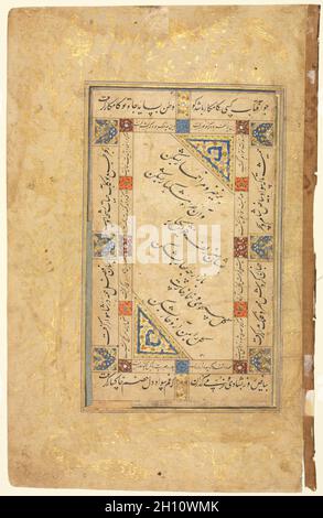 Couplets Persan (recto), la calligraphie persane, versets ; une seule page en manuscrit, fin des années 1500-début des années 1600. L'Iran. La période safavide, Ispahan, fin 16ème-début du 17e siècle. Or, encre et aquarelle sur papier opaque ; total : 31,6 x 20,4 cm (12 7/16 x 8 1/16 in.) ; zone de texte : 21 x 12,4 cm (8 1/4 x 4 7/8 in.). Banque D'Images
