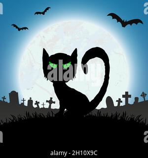 Spooky cat devant une pleine lune avec beaucoup de pierres et d'autres éléments illustrés effrayant Halloween pour les modèles d'arrière-plan