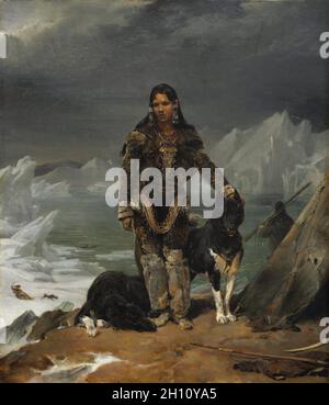 Une femme de la terre d'Eskimos, 1826. Léon Cogniet (Français, 1794-1880). Huile sur toile encadrée ; : 62,9 x 57,2 x 8,9 cm (24 3/4 x 22 1/2 x 3 1/2 in.) ; sans encadrement : 42,5 x 36,5 cm (16 3/4 x 14 3/8 in.). Banque D'Images