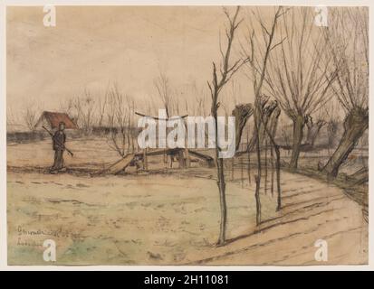 Paysage à Loosduinen, 1905.Piet Mondrian (néerlandais, 1872-1944).Craie noire (étendue avec de l'eau par endroits), aquarelle et gouache; ligne de cadrage en graphite (bord inférieur); feuille: 25.8 x 35.9 cm (10 3/16 x 14 1/8 po). Banque D'Images