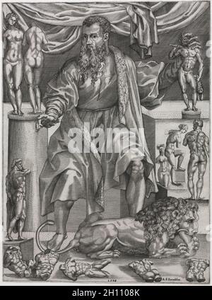 Portrait de Baccio Bandinelli avec Lion, 1548.Nicolo della Casa (français, actif de 1543 à 48), après Baccio Bandinelli (italien, 1493 à 1560).Gravure; feuille: 41.7 x 31.1 cm (16 7/16 x 12 1/4 po.); repère plateau: 41.5 x 30.9 cm (16 5/16 x 12 3/16 po.). Banque D'Images