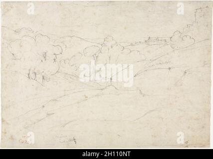 Avis de Marino (recto), 1827. Jean Baptiste Camille Corot (Français, 1796-1875). Graphite ; feuille : 20,2 x 28,8 cm (7 15/16 x 11 5/16 in.). Banque D'Images