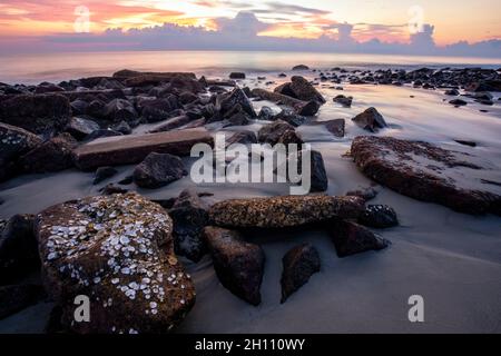 Lever de soleil éthéré sur la côte rocheuse de Driftwood Beach - Jekyll Island, Géorgie, États-Unis Banque D'Images