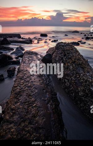 Lever de soleil éthéré sur la côte rocheuse de Driftwood Beach - Jekyll Island, Géorgie, États-Unis Banque D'Images