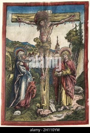 Christ sur la Croix entre la Vierge et Saint Jean, 1503.Lucas Cranach (allemand, 1472-1553).Coupe de bois sur vélin, couleur à la main avec aquarelle ; image : 22.7 x 16.2 cm (8 15/16 x 6 3/8 po). Banque D'Images