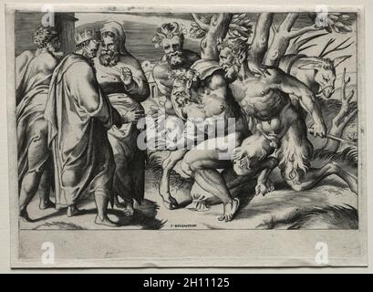 Silenus et le roi Midas, au milieu du XVIe siècle.Giulio Bonasone (italien, c.1510-AFT 1576), après Perino del Vaga (italien, 1500/01-1547).Gravure; feuille: 16.9 x 22.9 cm (6 5/8 x 9 po.); repère plateau: 15.9 x 21.9 cm (6 1/4 x 8 5/8 po.). Banque D'Images