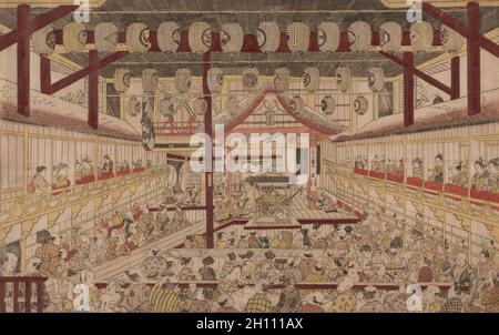 Vue en perspective de l'intérieur du théâtre Nakamura avec Ichikawa Ebizo II comme Yanone Goro, 1740. Okumura Masanobu (japonais, 1686-1764). À la main, gravure sur bois, feuille : 40,2 x 63,7 cm (15 13/16 x 25 1/16 in.). Banque D'Images