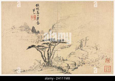 Des paysages dans divers styles après l'Art Ancien, 1690. Mei Qing (Chinois, 1623-1697). Feuille d'album : l'encre et couleur sur papier ; total : 28,6 x 44 cm (11 1/4 x 17 5/16 in.). Banque D'Images