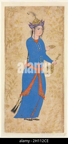 Princesse avec bouteille de vin et tasse (recto), c.1550-1600.Iran, Qazvin ou Ispahan, période safavide (1501-1722).Aquarelle opaque et or sur papier; image : 12.2 x 5.7 cm (4 13/16 x 2 1/4 po.); hors tout : 37.1 x 24.8 cm (14 5/8 x 9 3/4 po.). Banque D'Images