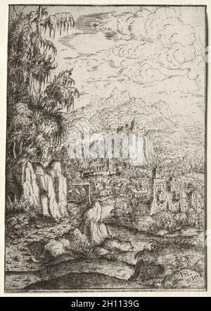 Paysage avec une route vers un château sur une île dans une rivière, 1554.Hanns Lautensac (allemand, 1524-1566).Gravure; image: 17 x 11.9 cm (6 11/16 x 4 11/16 in.); feuille: 17 x 11.9 cm (6 11/16 x 4 11/16 in.). Banque D'Images