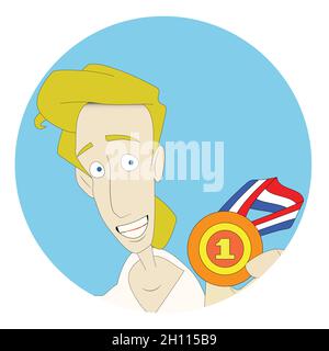 Jeune homme blond portant une étiquette autocollante ronde de médaille d'or Illustration de Vecteur