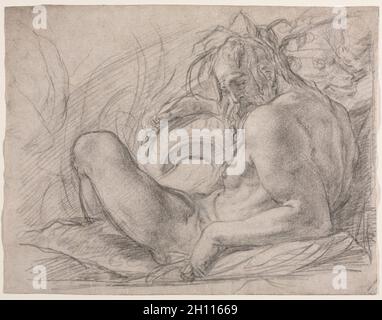 Le Dieu de la rivière Tibre (Étude pour une fresque, Miracle de la neige, ou la fondation de Santa Maria Maggiore, à Rome dans la chapelle Canigiani de S. Felicita, Florence), 1589. Bernardino Poccetti (italien, 1548-1612). Craie noire sur papier vergé antique ; feuille : 23,6 x 30,9 cm (9 5/16 x 12 3/16 po.). Banque D'Images