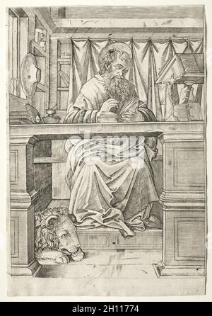 Saint-Jérôme dans son étude, c.1510. Giovanni Antonio da Brescia (italien), d'après Filippino Lippi (italien, 1457-1504).Gravure ; Banque D'Images