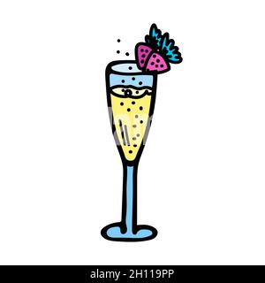 Illustration vectorielle colorée d'un verre de vin bleu avec champagne jaune, bulles et fraises roses. Illustration de Vecteur