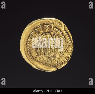 Dinar doré, AD 200.Inde, Kushan, Vasudeva II, 3e siècle.Or; diamètre: 2.4 x 0.1 cm (15/16 x 1/16 po). Banque D'Images