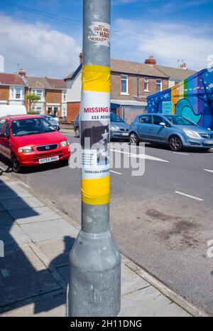 Affiche manquante sur le lampost dans la région de Southsea à Portsmouth Banque D'Images