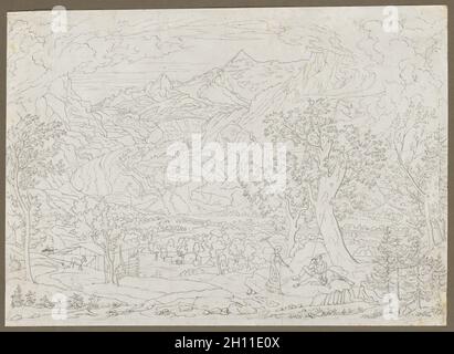 Le Glacier de Grindelwald avec Hunter et paysanne en premier plan, ca. 1823. Joseph Anton Koch (autrichien, 1768-1839). Plume et encre grise sur mine, squared en graphite ; feuille : 41,2 x 57 cm (16 1/4 x 22 7/16 po.). Banque D'Images