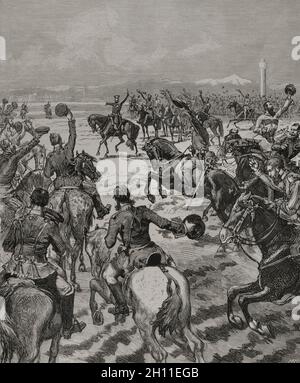 Guerre russo-turque (1877-1878).Aussi appelé la guerre de l'est.Traité de San Stefano.Grand-duc Nicholas Nikolaevitch de Russie (1831-1891) annonçant à ses troupes que la paix a été signée à San Stefano, le 3 mars 1878.Illustration de Vierge.Gravure.La Ilustracion Española y Americana, 1878. Banque D'Images