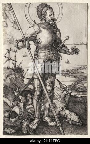 St. George à pied, c.1504-5.Albrecht Dürer (allemand, 1471-1528).Gravure; feuille: 11.2 x 7.2 cm (4 7/16 x 2 13/16 in.). Banque D'Images