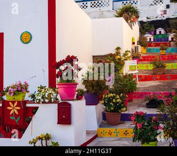 Vue sur une maison de couleur typique à Linosa avec l'escalier plein de pots de fleurs Banque D'Images