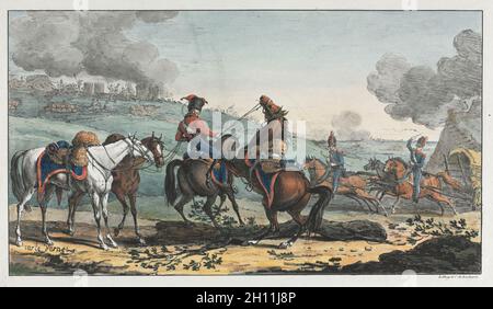 Artilleryman monté dirigeant trois chevaux.Carle Vernet (français, 1758-1836).Lithographie, couleur main; Banque D'Images