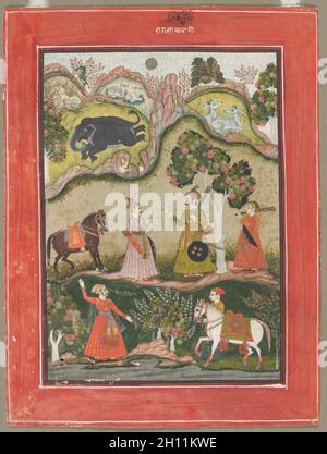 Ragini Kanhara : chanson d'inspiration à Krishna pour tuer le démon de l'éléphant, du Ragamala, série C. 1760. L'Inde, Rajasthan, Bundi-Kota l'école, 18ème siècle. Couleur sur papier ; total : 26,1 x 18,7 cm (10 1/4 x 7 3/8 in.) ; avec les frontières : 33,7 x 25,1 cm (13 1/4 x 9 7/8 in.). Banque D'Images