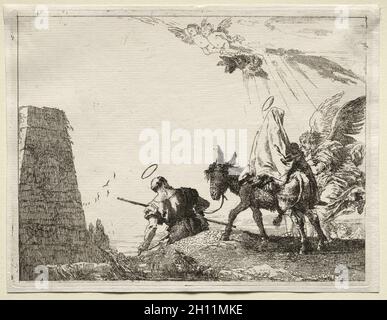 Vol en Égypte : la Sainte famille passant près d'une pyramide, 1750-53.Giovanni Domenico Tiepolo (italien, 1727-1804).Gravure ; Banque D'Images