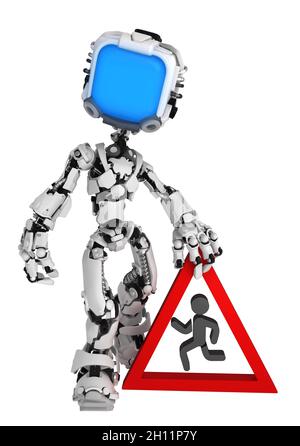 Écran robot figure personnage pose tenant le signe d'avertissement humain, illustration 3d, vertical, isolé Banque D'Images