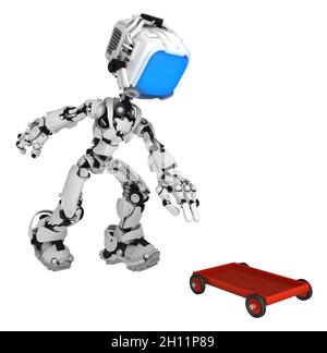 Écran robot figure personnage pose avec petit chariot rouge, illustration 3d, horizontal, isolé Banque D'Images