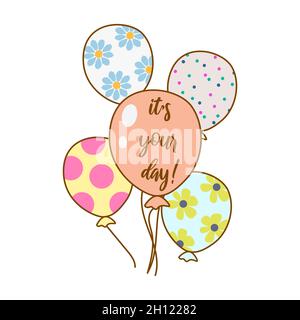 Carte de voeux pour joyeux anniversaire avec ballons décorés.C'est votre motif carte de jour à motif fleuri et pois Illustration de Vecteur