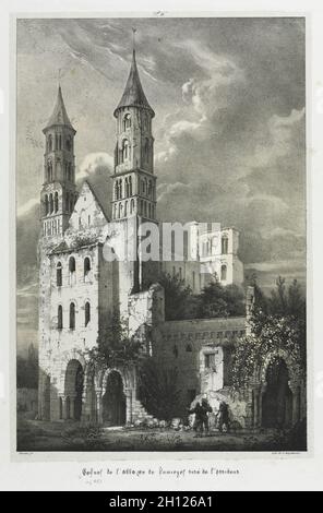 Ruines de l'abbaye de Jumièges.Jean Truchot (français, 1798-1823).Lithographie avec pierre teintée grise;