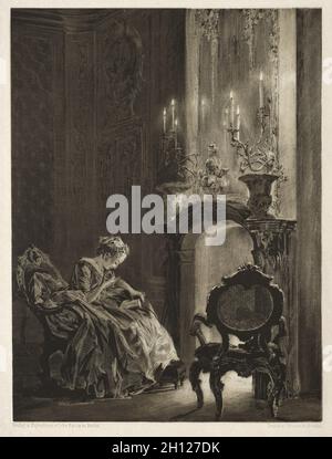 Essai sur la pierre avec brosse et grattoir: Femme lisant au Fireside, 1851.Adolph von Menzel (allemand, 1815-1905).Lithographie; Banque D'Images