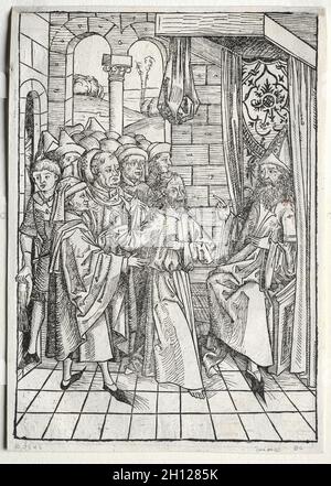 Der Schatzbehalter: Christ avant Caiaphas (verso), 1491.Michael Wolgemut (allemand, 1434-1519).Coupe de bois ; Banque D'Images