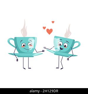 Adorable tasse de thé avec des émotions d'amour, visage souriant, bras et jambes.Les héros drôles ou heureux avec les coeurs, les mugs tombent amoureux d'un café.Illustration vectorielle plate Illustration de Vecteur