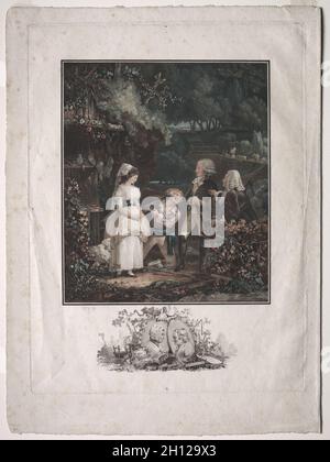 Annette et Lubin, 1789.Philibert Louis Debucourt (français, 1755-1832).Gravure et gravure en couleur; feuille: 47.3 x 35 cm (18 5/8 x 13 3/4 in.); repère plateau: 40.8 x 30.9 cm (16 1/16 x 12 3/16 in.). Banque D'Images