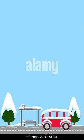 arrêt de bus recouvert de neige. paysage de campagne de style plat. carte de vœux de noël Illustration de Vecteur