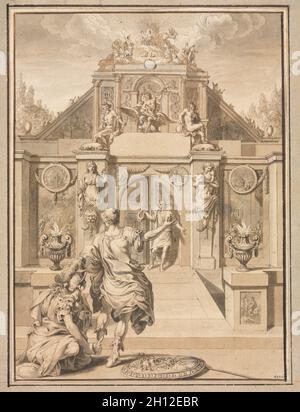 Perseus et Minerva devant un temple, premier tiers du 18e siècle ?. Jan Goeree (Néerlandais, 1670-1731). Plume et encre brune, pinceau et lavage brun et gris, plus de traces de craie rouge, rehaussée de gouache blanche ; ossature lignes dans l'encre brune ; feuille : 21,4 x 15,8 cm (8 7/16 x 6 1/4 in.) ; appui secondaire : 25,5 x 19,7 cm (10 1/16 x 7 3/4 in.). Banque D'Images