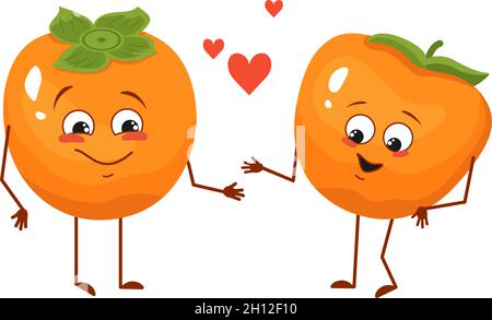 Personnages de persimmon mignons avec des émotions d'amour, le visage, les bras et les jambes.Les héros rigolos ou heureux de la nourriture, les fruits tombent amoureux.Illustration vectorielle plate Illustration de Vecteur