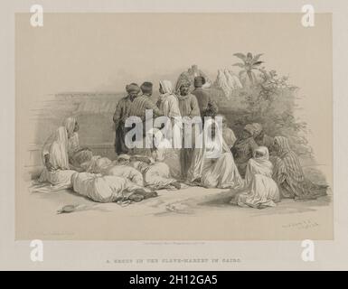 Égypte et Nubia, Volume III: Dans le marché des esclaves au Caire, 1849.Louis Haghe (britannique, 1806-1885), F. G. Moon, 20 Threadneedle Street, Londres,Après David Roberts (écossais, 1796-1864).Lithographie couleur; feuille: 37.4 x 43.6 cm (14 3/4 x 17 3/16 po.); image: 25.1 x 35.2 cm (9 7/8 x 13 7/8 po.). Banque D'Images